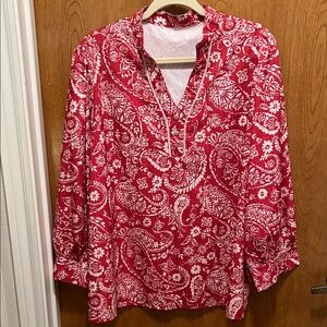 Women's Red Paisley Split-Neck Tunic with White Print